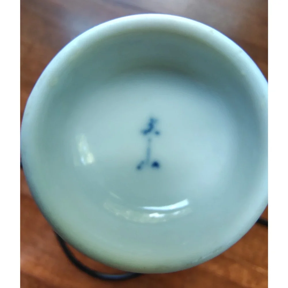 (3) Vtg Japanese Sake Bottle Decanter Vase Blue Porcelain Bamboo Cherry Blossoms